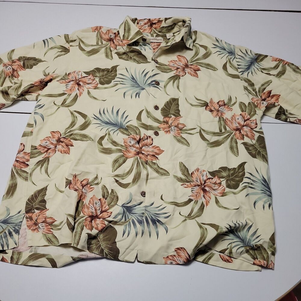 Caribbean Men L Hawaii Shirt Cream‎ Leaf Stripe Short Sleeve Silk Cotton Aloha